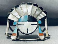 COLOSSAL CHIEF HEAD VINTAGE ZUNI INLAY STERLING SILVER BRACELET picture