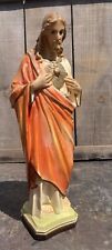Vintage Chalkware Jesus Christ Statue Sacred Heart 12” Distressed Hand Painted picture