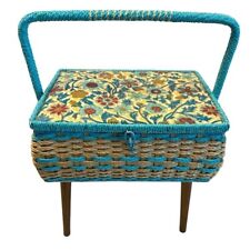Vtg SINGER Woven Sewing Basket Satin Lining Wood Legs Floral Made In Japan picture