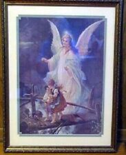HUGE BEAUTIFUL VICTORIAN GUARDIAN ANGEL WATCH OVER CHILDREN FRAMED ART PRINT picture