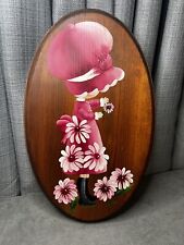Vtg Holly Hobbie Child Pink Dress Flowers Hand Painted Oval Wood Wall Hanging picture