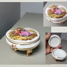 *Limoges France Porcelain Round  footd Trinket Box Hand Painted signed Gold Trim picture