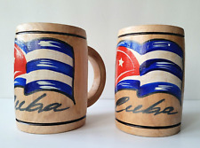 Cuba Libre Mugs Set 2 Wooden Bamboo Hand Painted Cuban Flag Tankards Carribean picture