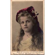 Vintage Edwardian Postal Card Girl Red Hat Pretty Eyes Long Hair 1900 Postcard picture