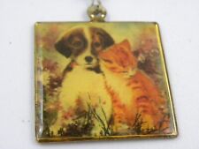 Vintage Humane Society Keychain United States Cat Dog Gold Tone Square Beaded picture