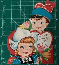 VTG Valentine's Day Card Mechanical 7” Dutch Tulips Blue Eyes Girl Boy USA 1940s picture