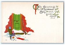 c1910's Christmas Greetings Mother And Daughter House Door Embossed Postcard picture