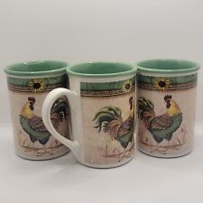 Lot Of 3 Gibson Everyday Daybreak Rooster & Sunflower 14 Oz Coffee Cup Mug Green picture