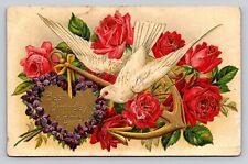 Antique Embossed Birthday Wishes Dove Anchor Bed of Roses Purple Floral Wreath picture