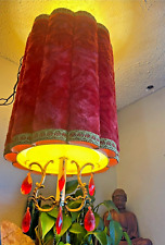 Vintage Red & Gold Velvet Hanging Corded Pendulum Light w/ Pull Chain Boho 60s picture