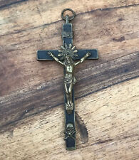 Antique French pectoral cross nickel 1800s Ebony wood 5” Silver Crucifix Black picture