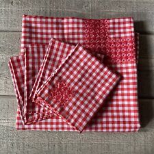 Vintage Red White Gingham Check Embroidered Picnic Tablecloth & Napkins Set/5 picture