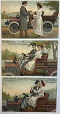 ABD 3 Postcard Set, Antique, Man Courting Woman Postcards, Car, Posted 1906 picture