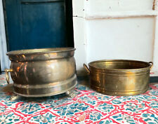 Vtg Brass Planter Cache Flower Pot Bowl Handled Set Round Footed Cauldron Gold picture