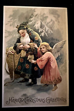 Long Fancy Green Robe Santa Claus with Angel~ Antique Christmas Postcard~k-210 picture