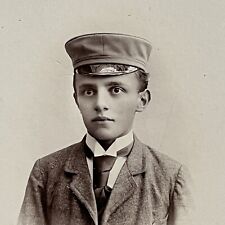 Antique CDV Photograph Young Lad Boy In Suit Tie Cap Uniform Lößnitz Germany picture