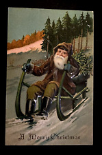 Brown Robe Santa Claus on Sled in Snowy Forest Antique~Christmas Postcard~h955 picture