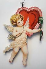 CUPID w BOW & ARROW, RED & PINK HEART *  Glitter VALENTINE ORNAMENT Vtg Img picture