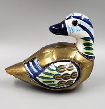 Vintage Armored Tonala Mexican Handpainted Ceramic And Brass Folk Art Bird  picture