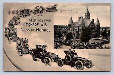 K2/ Monroe Wisconsin Postcard c1910 Automobile Parade Gruss Aus  520 picture