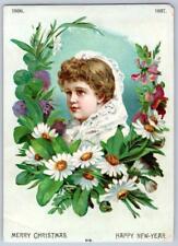 1886-1887 VICTORIAN MERRY CHRISTMAS HAPPY NEW YEAR EMBOSSED LARGE GREETING CARD picture
