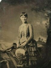 C1880s Tintype Gorgeous Woman Holding Large Hat Polka Dot Dress Portrait T56 picture