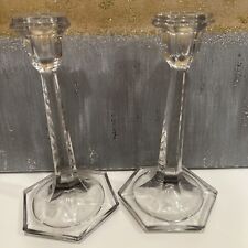 Vintage Etched Cut Glass Crystal Hexagonal Candle Holders Pair 9.25