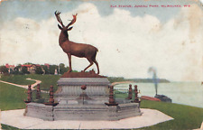 Milwaukee WI Wisconsin, Elk Statue, Juneau Park, Vintage Postcard picture