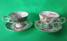 2  Vintage LM ROYAL HALSEY Very Fine Luster Ware TEA CUPS + SAUCERS Pink Roses picture