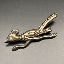 Vintage Navajo Roadrunner Bird Turquoise Stamped Sandcast Silver Brooch Pin picture
