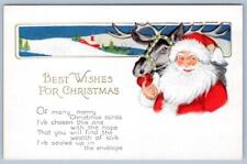 1920's SANTA CLAUS REINDEER BEST WISHES CHRISTMAS EMBOSSED ANTIQUE POSTCARD picture