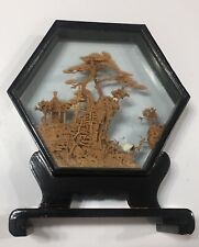 Vintage Hand Carved Chinese Cork Diorama Scene In Glass Display Hexagon Cranes picture