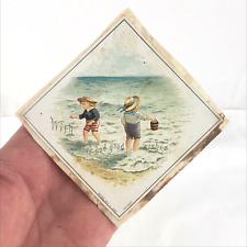 Raphael Tuck Children Beach Trade Card c1885 Antique Love Good Wishes Child B500 picture
