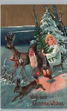 Christmas Postcard Dwarf Lantern Rabbit Deer Fantasy John Winsch Back 1909 Santa picture