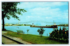 c1950's Blue Water International Bridge and Freighter Port Huron MI Postcard picture