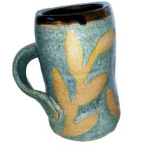Rustic Stoneware Coffee Mug Glazed Leaf Pattern Handcrafted Teal Signed 14 Oz picture