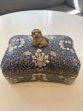 Vintage Blue Gold Chinese Flower Porcelain Rectangular Lidded Box With Foo Dog picture