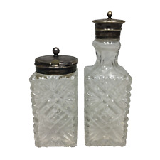 Mustard Jar Hinged Lid & Shaker Bottle Vintage Glass Square Condiment Set picture