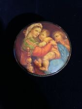 Antique Russian Lacquerware Hand Painted Artwork Wooden Trinket Box Round picture