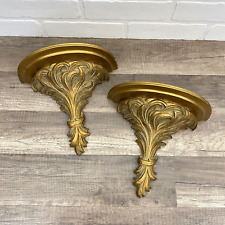 Set of 2 Vintage Ornate Gold Syroco Wall Sconce Shelf Carved Hollywood Regency picture