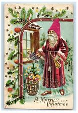 c1910 Christmas Silk Old World Santa Brown Robe Embossed Germany Postcard picture