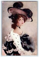 Artist Signed Postcard Pretty Woman Big Hat Fur Dress Studio c1905 Antique picture