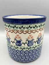 VTG UNIKAT EWE TUBAJ Polish Pottery Blue Tulips Floral Canister Crock Jar picture