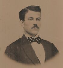 1860s-1870s Vintage Antique Tintype Photo Young Man w/ Striped Bow Tie Clothing picture