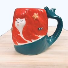 Tag Mermaid 3D Red Hair Green Tail Fin Handle Coffee Tea Ceramic Mug Cup 16oz picture