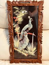 1950s VINTAGE MEXICAN FEATHER ART WHITE PEACOCK MOUNTED - BEAUTIFUL CARVED FRAME picture