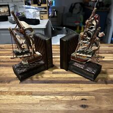 RARE Vtg.Nautical Wood Bookends Pirate Ship on Books Cloth Mache Sails Book Ends picture