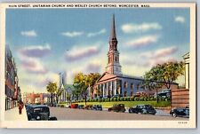 C1940 Main Street Old Cars Unitarian Church Wesley Church Worcester MA Postcard picture