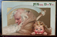 Vintage Victorian Postcard 1913 A Happy New Year - Old Man & Child picture