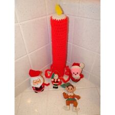 Vintage Crochet Christmas Candle & Santa fuzzy flocked Santa Lot mcm 1970s picture